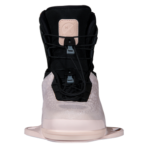 Front view of the Ora Binding with cord laces, a pale pink tongue patch, and a pink textured toe.