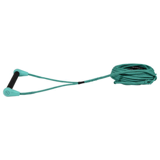 Side view of Outlaw Handle w/75' Spectra Fusion Line - Green with a black grip, V-bridle and coiled line.
