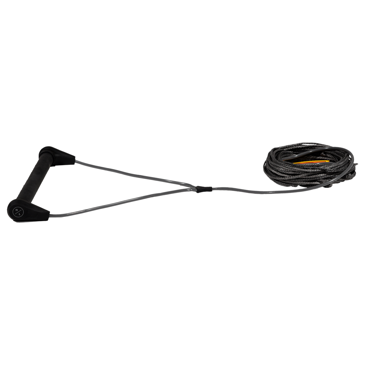 Side view of Outlaw Handle w/75' Spectra Line - Grey with all-black handle, shiny V-bridle and coiled line.