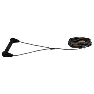 Side view of Outlaw Handle w/75' Spectra Line - Grey with all-black handle, shiny V-bridle and coiled line.