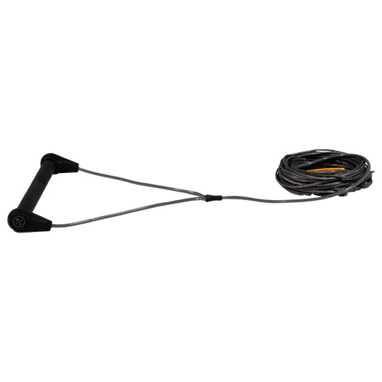 Side view of Outlaw Handle w/75' Spectra Line - Grey with all-black handle, shiny V-bridle and coiled line.
