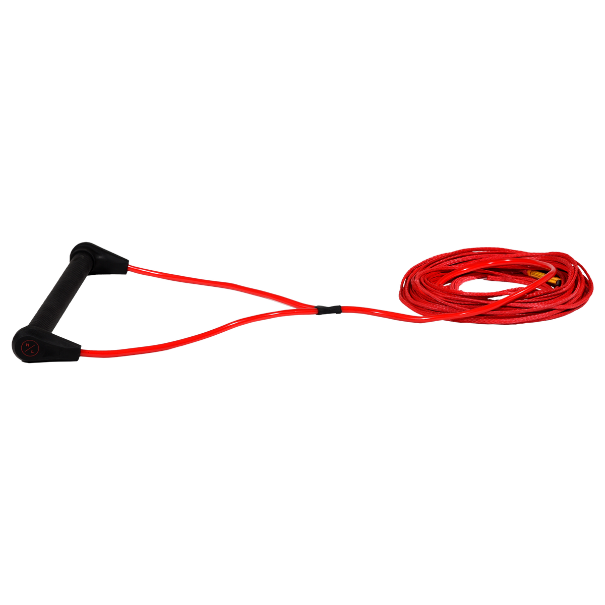 Side view of Outlaw Handle w/75' Spectra Line - Red with an all-black handle, shiny V-bridle and coiled line.
