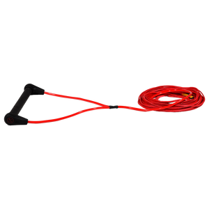 Side view of Outlaw Handle w/75' Spectra Line - Red with an all-black handle, shiny V-bridle and coiled line.