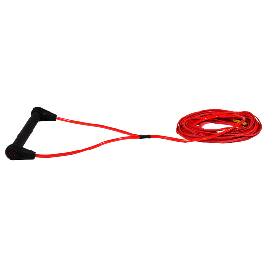 Side view of Outlaw Handle w/75' Spectra Line - Red with an all-black handle, shiny V-bridle and coiled line.