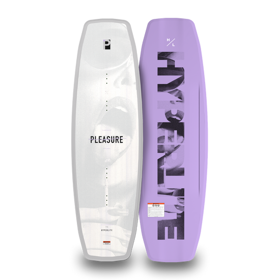 Front and back views of the Pleasure wakeboard with a white top and purple Hyperlite logo base.