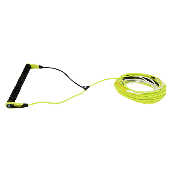 Side view of Plus Rope Package with a black textured grip, neon yellow end caps and bridle, and coiled line.