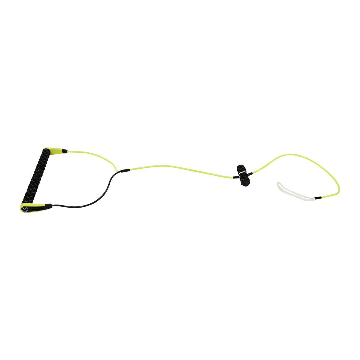 Top view of Plus T-Handle with a black textured grip, neon yellow end caps and line, a T-grip and end loop.