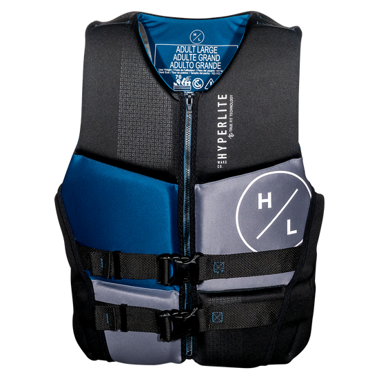 Front view of Prime - Men's CGA Vest Blue/Blk with blue and grey panels, Hyperlite text and a large logo.