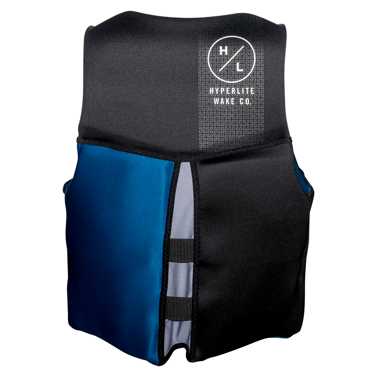 Back view of Prime - Men's CGA Vest Blue/Blk with a white Hyperlite Wake Co. logo and blue and black panels.