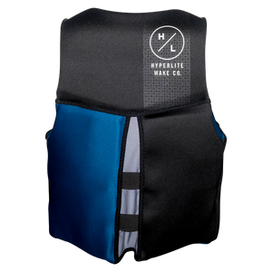 Back view of Prime - Men's CGA Vest Blue/Blk with a white Hyperlite Wake Co. logo and blue and black panels.