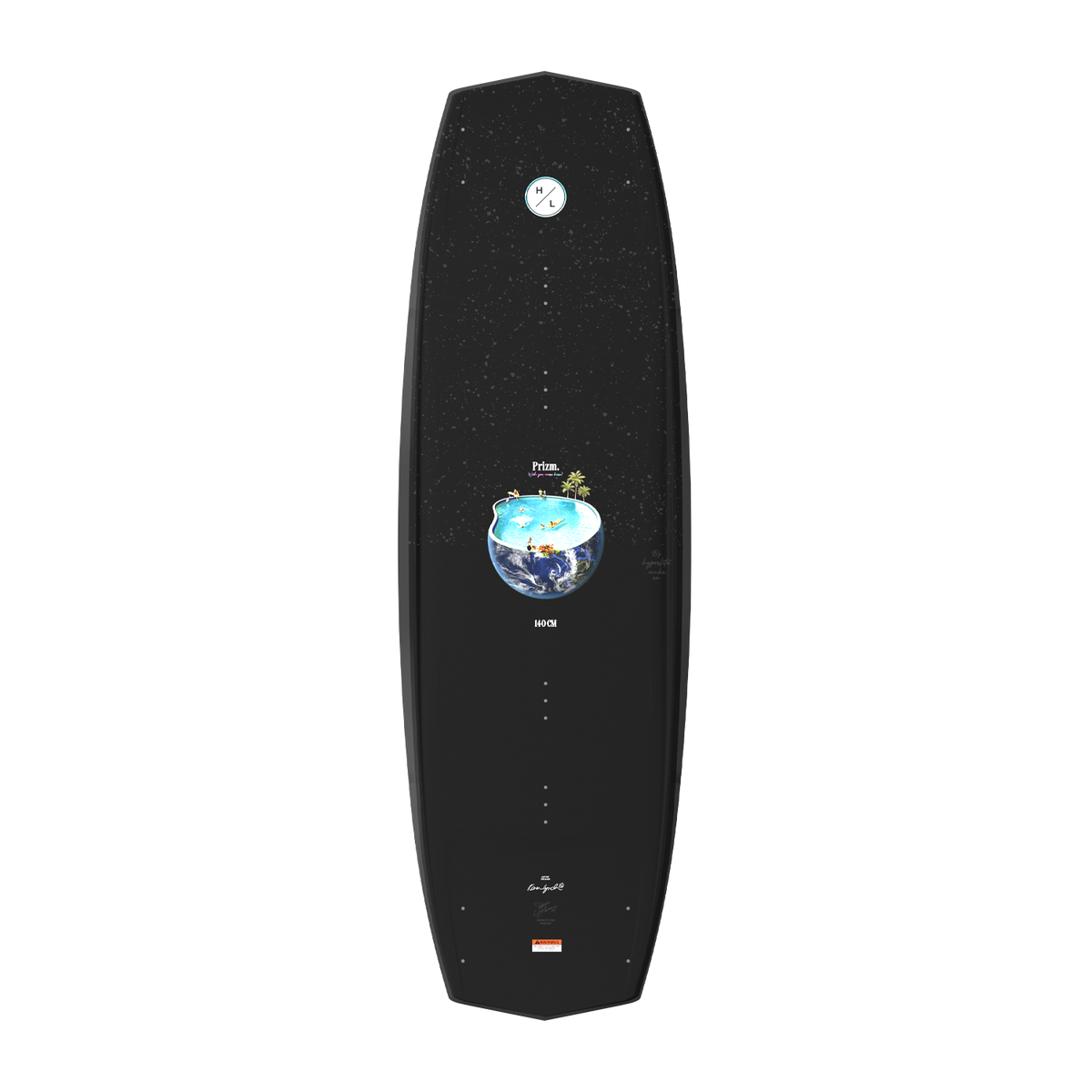 Top view of black Prizm wakeboard with starry speckle pattern and pool planet graphic.