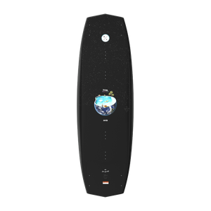 Top view of black Prizm wakeboard with starry speckle pattern and pool planet graphic.