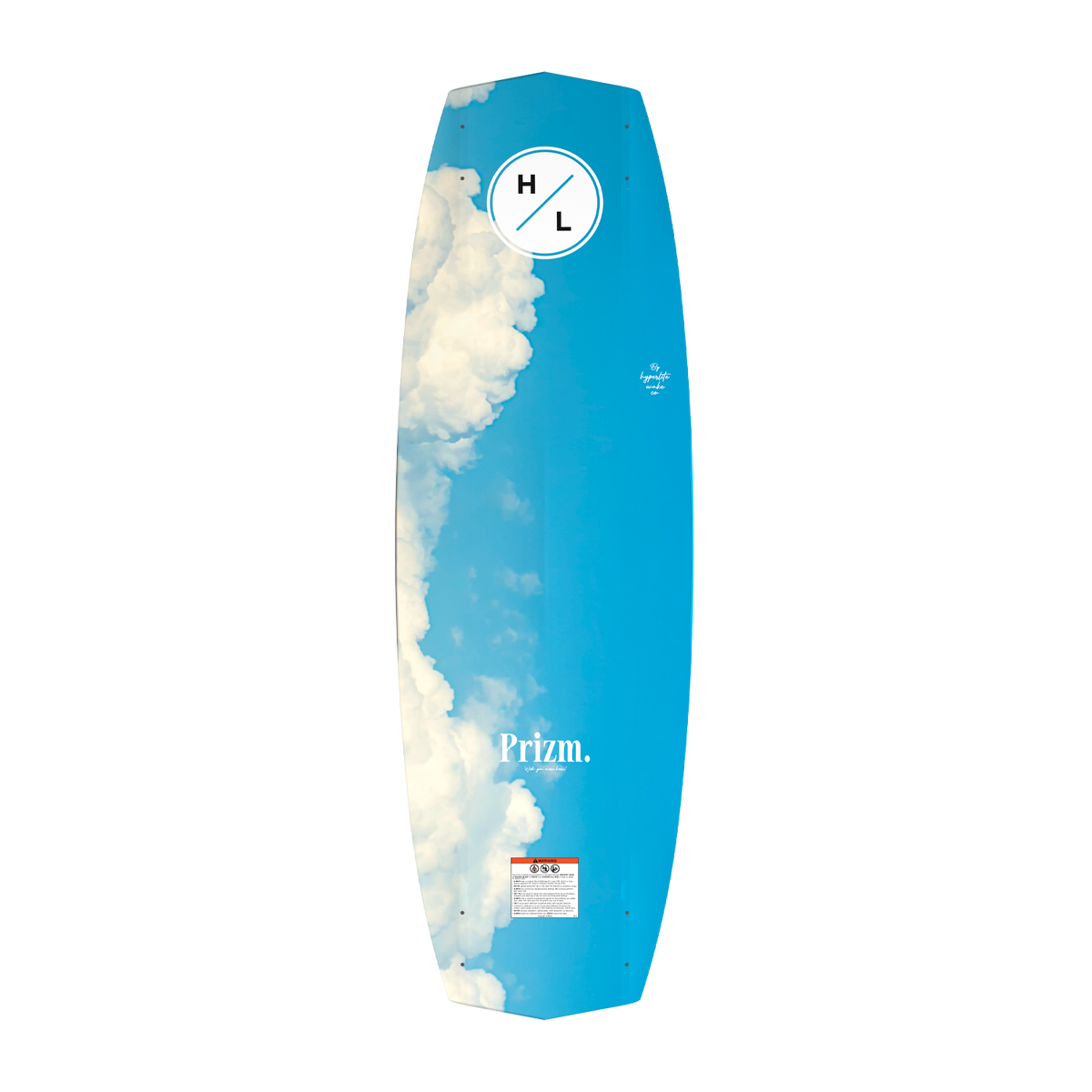Bottom view of blue Prizm wakeboard with sky and clouds and Hyperlite logo.