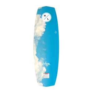 Bottom view of blue Prizm wakeboard with sky and clouds and Hyperlite logo.