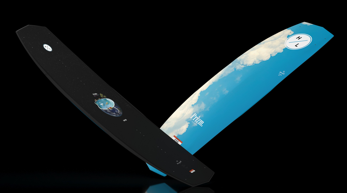 Angled view of black and blue Prizm wakeboard showing both sides.
