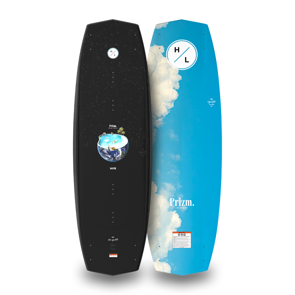 Top and bottom views of black and blue Prizm wakeboard with starry sky and cloud graphics.