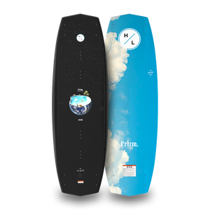 Top and bottom views of black and blue Prizm wakeboard with starry sky and cloud graphics.