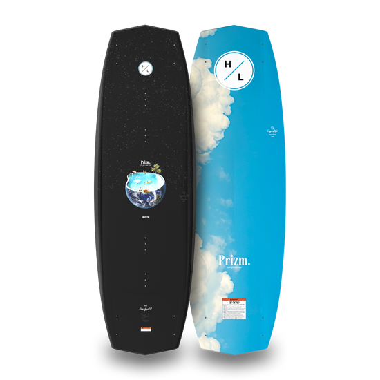 Top and bottom views of black and blue Prizm wakeboard with starry sky and cloud graphics.