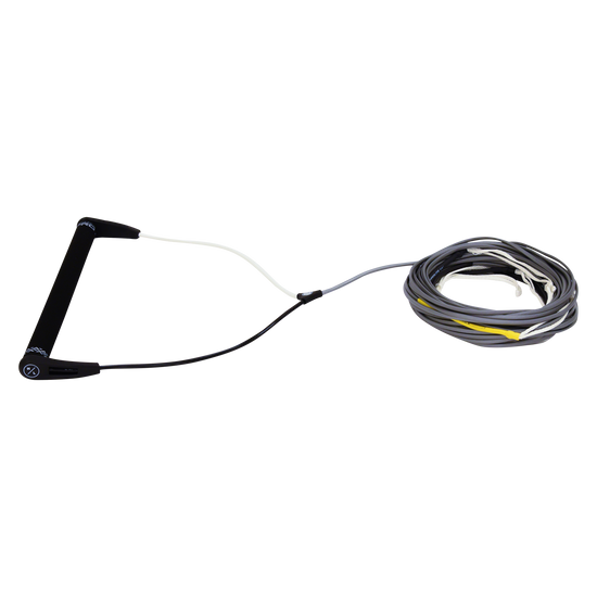 Side view of Pro Rope Package with a smooth all-black handle, white and black bridle and coiled gray line.