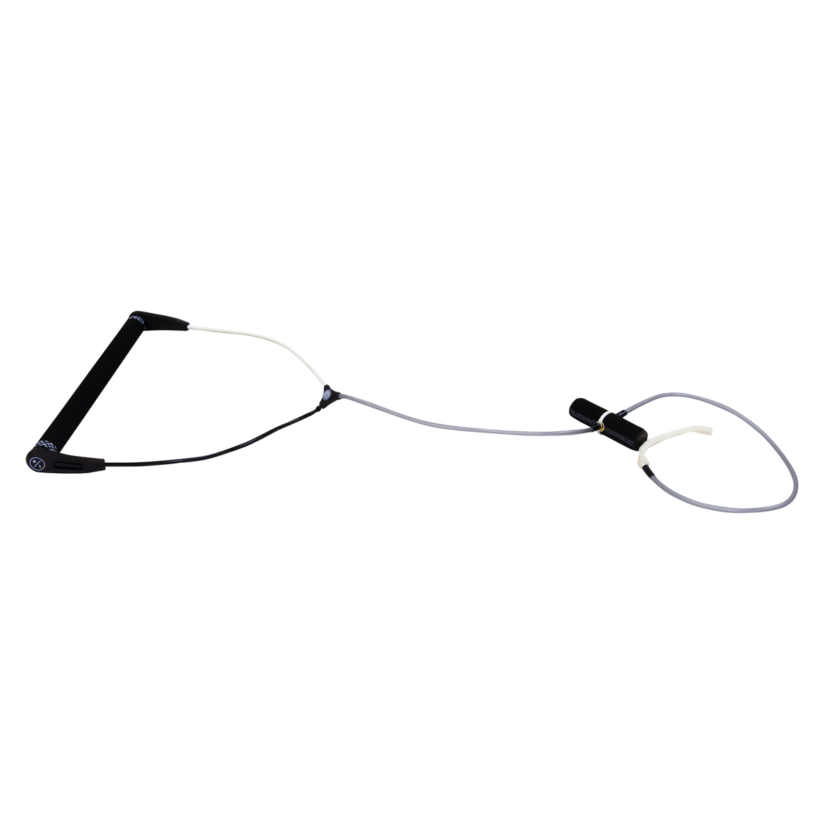 Top view of Pro T-Handle with a smooth black grip, white and black bridle, gray line, a T-grip and end loop.