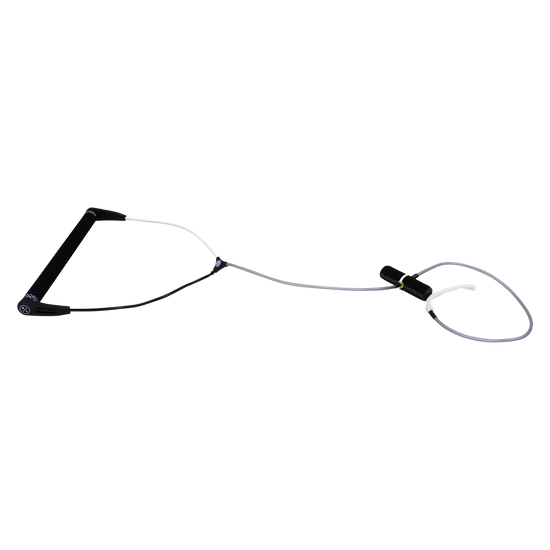Top view of Pro T-Handle with a smooth black grip, white and black bridle, gray line, a T-grip and end loop.