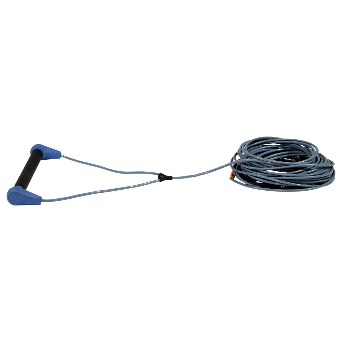 Side view of Progression Series Wakeboard Rope with black grip, blue end caps, gray V-bridle and coiled line.