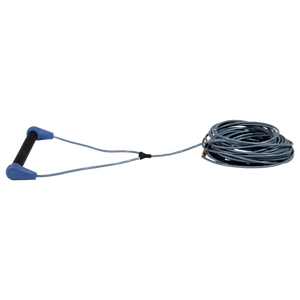 Side view of Progression Series Wakeboard Rope with black grip, blue end caps, gray V-bridle and coiled line.