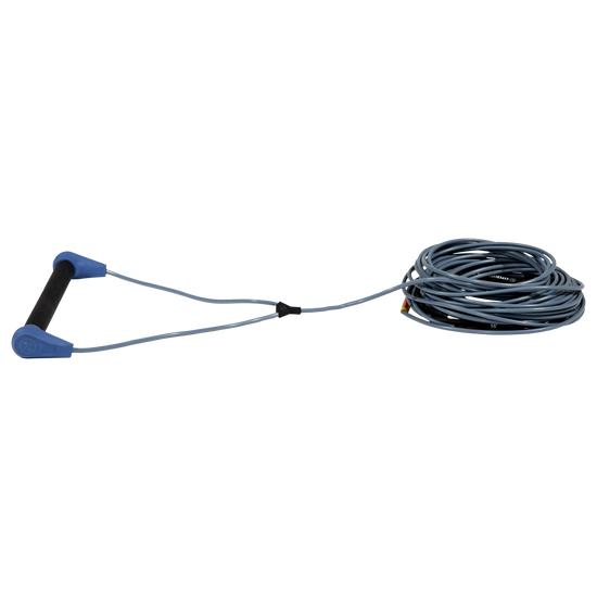Side view of Progression Series Wakeboard Rope with black grip, blue end caps, gray V-bridle and coiled line.