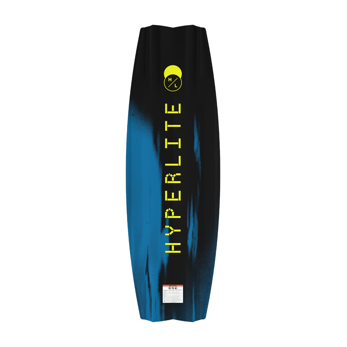 Bottom view of blue and black Rage wakeboard with Hyperlite logo.