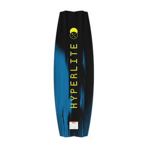 Bottom view of blue and black Rage wakeboard with Hyperlite logo.