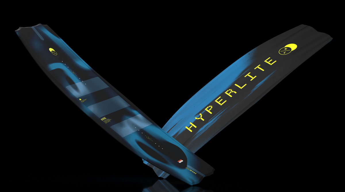 Angled view of blue and black Rage wakeboard showing both sides.