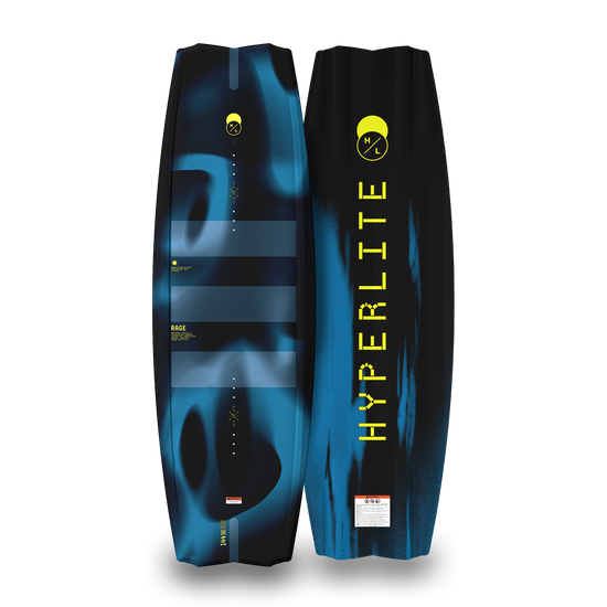 Top and bottom views of blue and black Rage wakeboard.