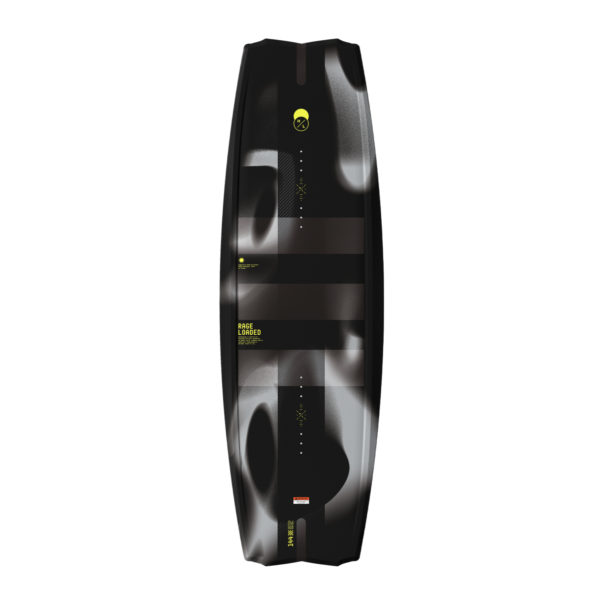 Top view of black and gray Rage Loaded Wakeboard.
