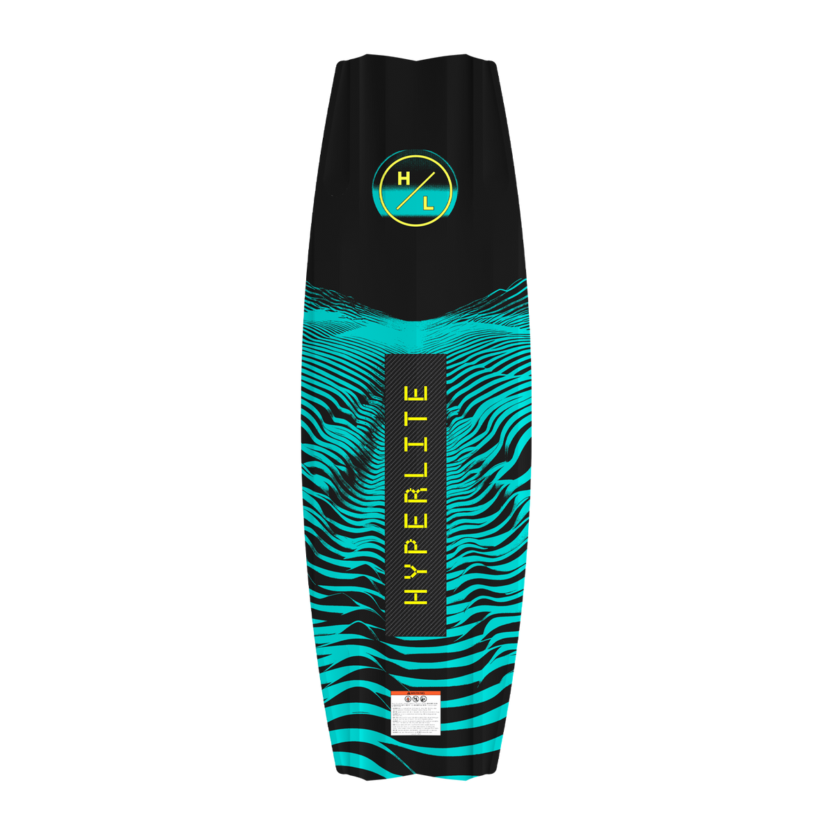 Bottom view of black and teal Rage Loaded Wakeboard with Hyperlite logo.