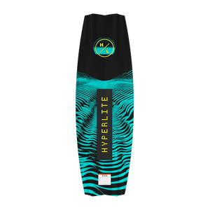 Bottom view of black and teal Rage Loaded Wakeboard with Hyperlite logo.