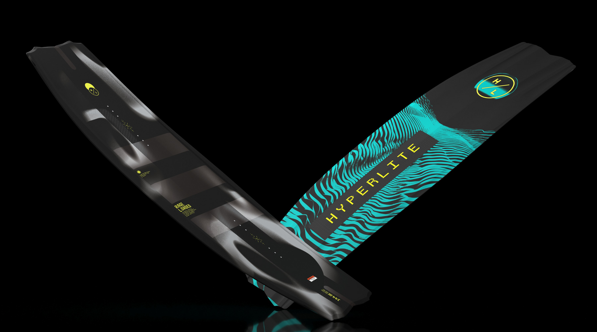 Angled view of black and teal Rage Loaded Wakeboard showing both sides.