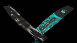 Angled view of black and teal Rage Loaded Wakeboard showing both sides.