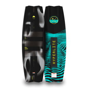 Top and bottom views of black and teal Rage Loaded Wakeboard.