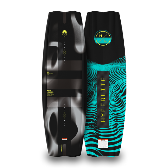 Top and bottom views of black and teal Rage Loaded Wakeboard.