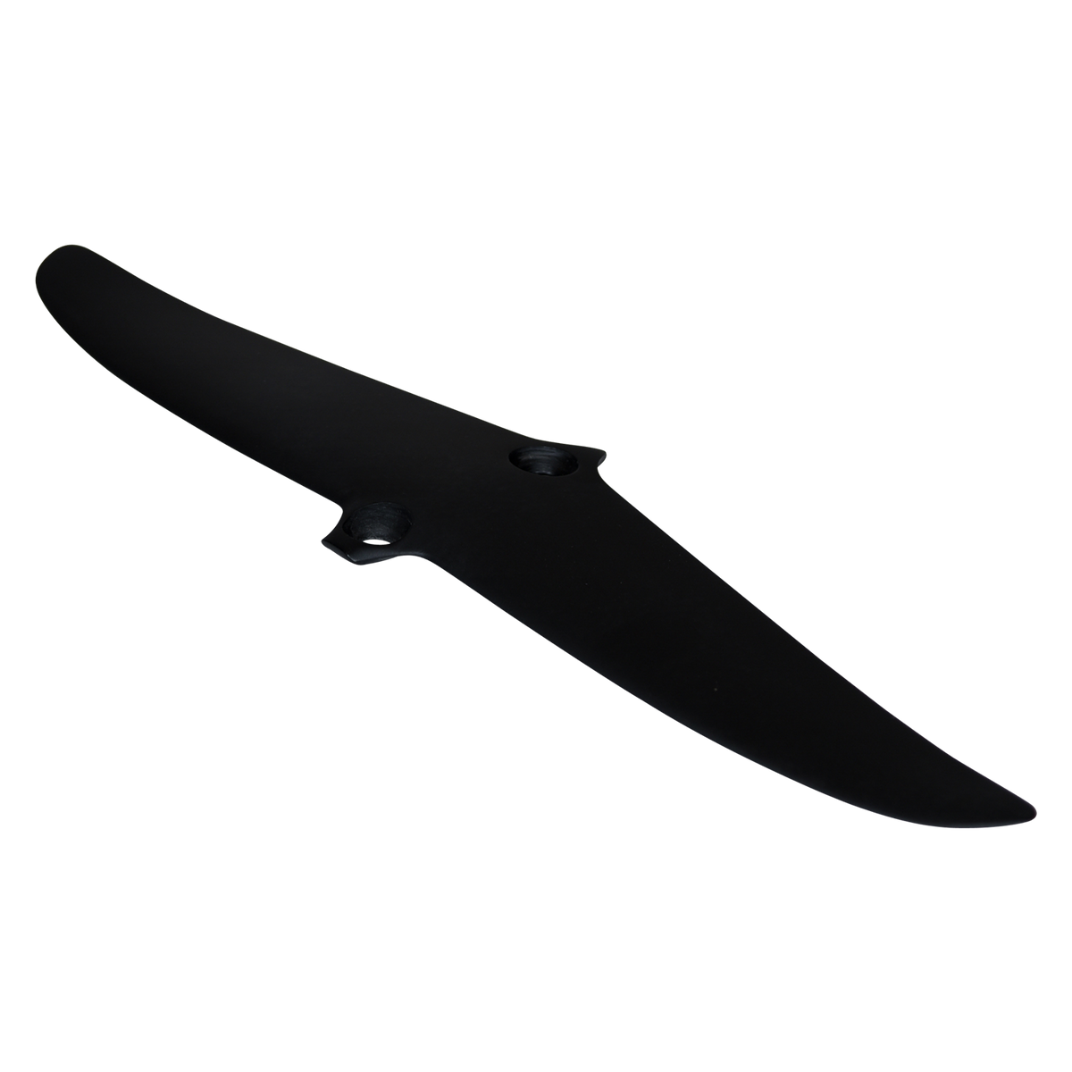Angled view of the matte black Raptor 150 Rear Wing with swept tips and two countersunk center bolt holes.