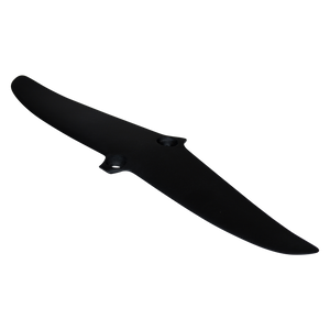Angled view of the matte black Raptor 150 Rear Wing with swept tips and two countersunk center bolt holes.