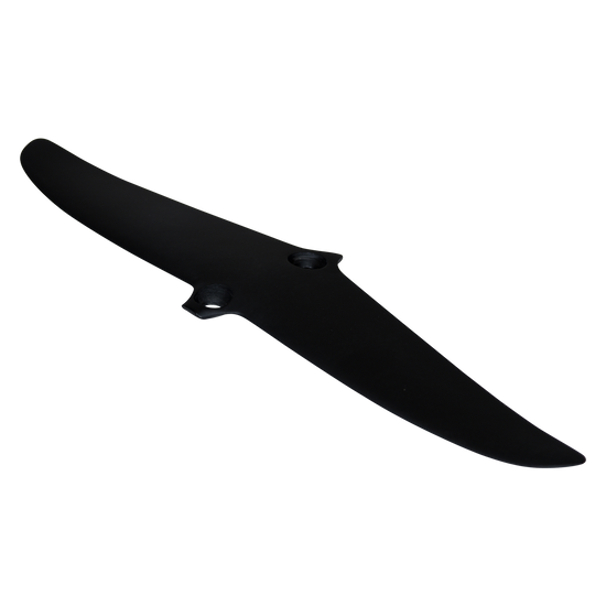 Angled view of the matte black Raptor 150 Rear Wing with swept tips and two countersunk center bolt holes.