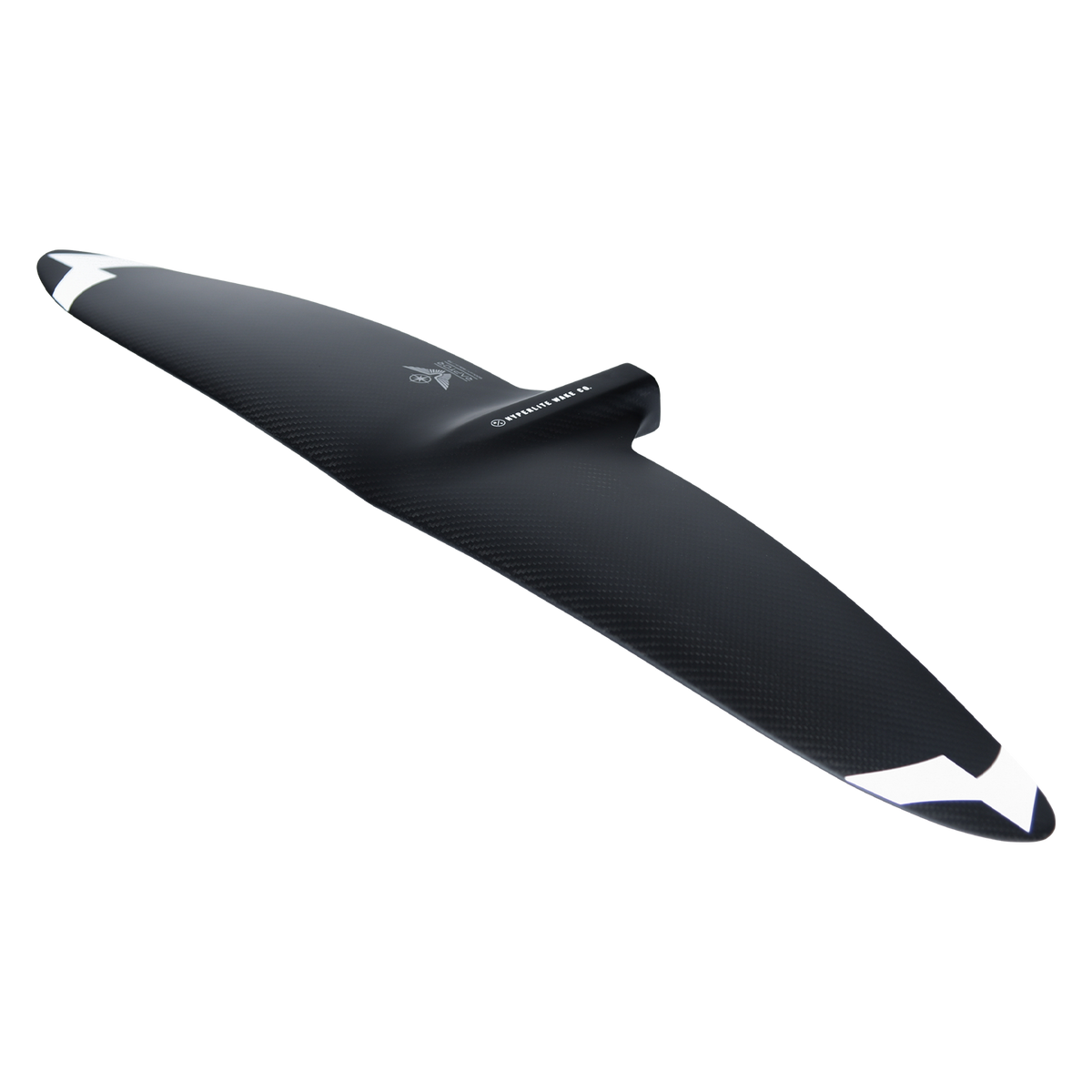 Angled view of the black Raptor 900 Front Wing with white chevron wingtips and a raised center mount.