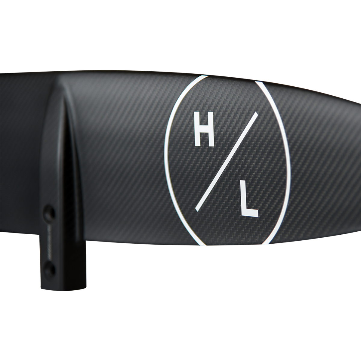 Close-up of a white Hyperlite logo on the Raptor 900 Front Wing's woven black finish by the drilled mount.