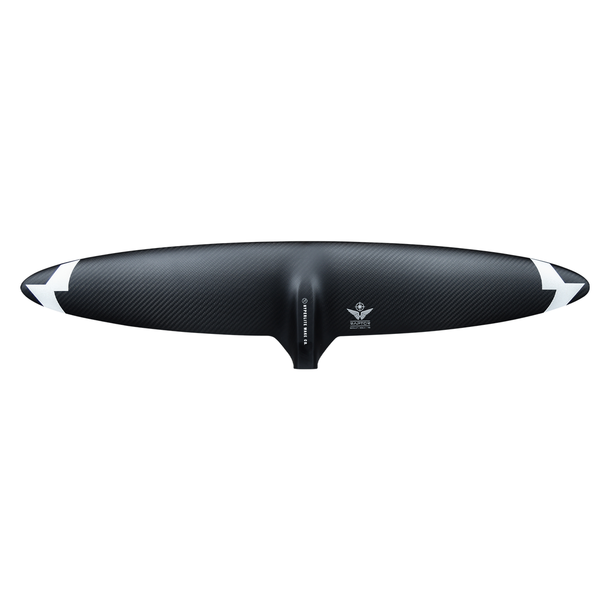 Top view of the Raptor 900 Front Wing in woven black, with white chevron tips on an elliptical span.