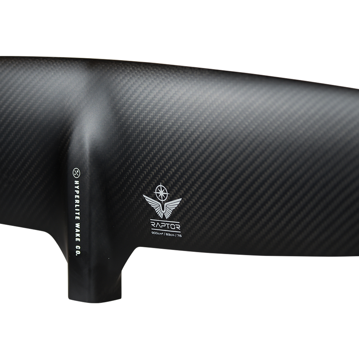 Close-up of the winged Raptor emblem on the Raptor 900 Front Wing's woven black finish near the mount.