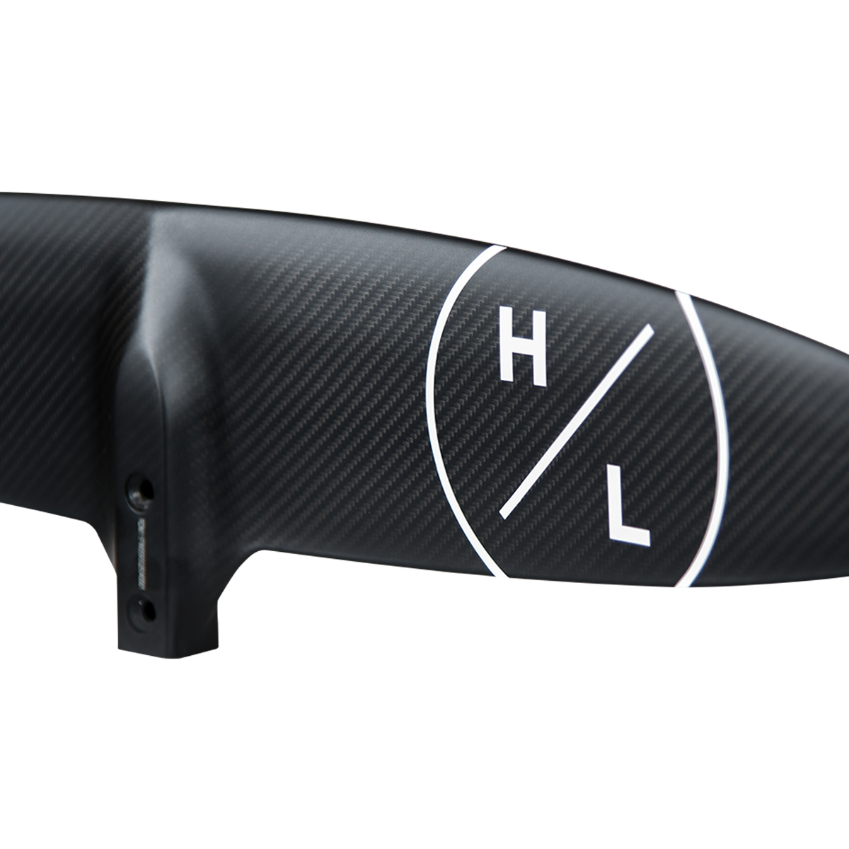 Close-up of a white Hyperlite logo on the Raptor 900 Front Wing's woven black finish by the drilled mount.