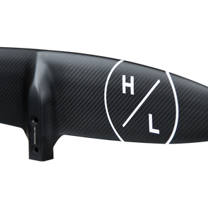 Close-up of a white Hyperlite logo on the Raptor 900 Front Wing's woven black finish by the drilled mount.