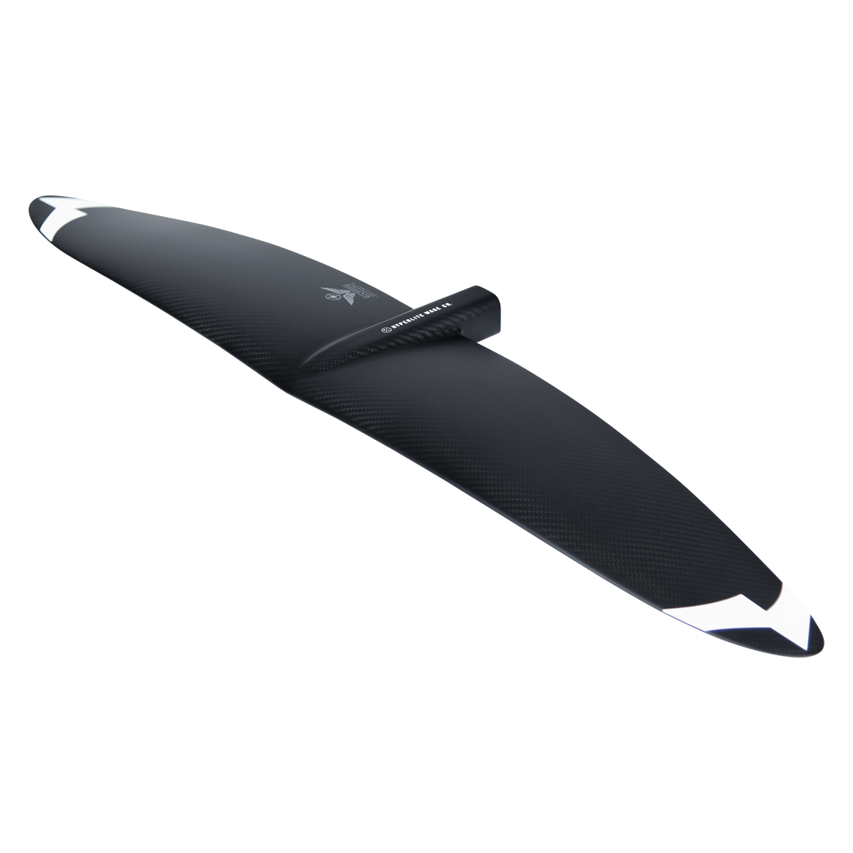 Angled view of the black Raptor 900 Front Wing with white chevron wingtips and a raised center mount.