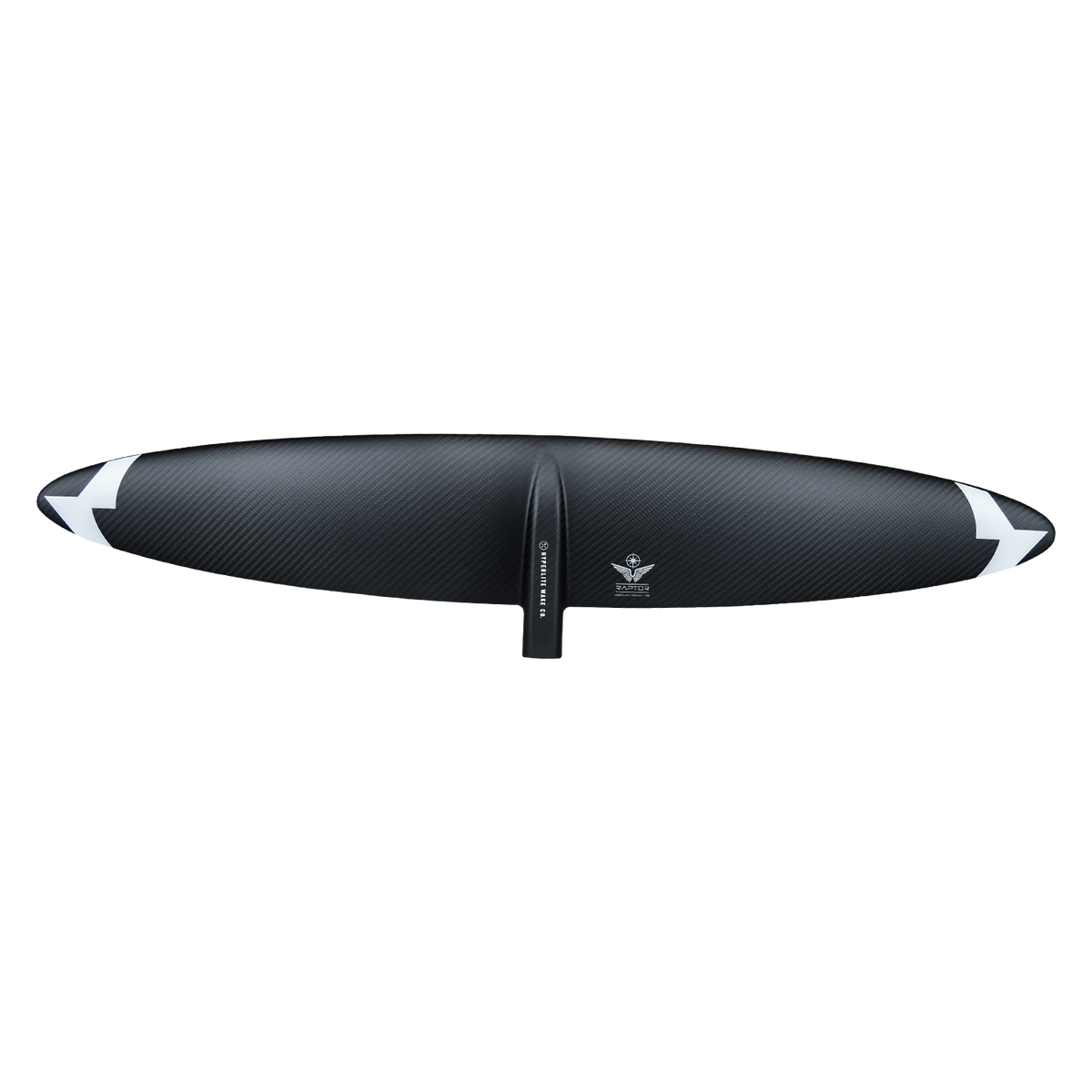 Top view of the Raptor 900 Front Wing in woven black, with white chevron tips on an elliptical span.
